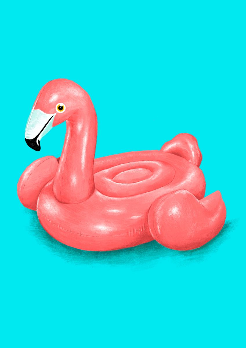 An inflatable pink flamingo floating on a sea of turquoise