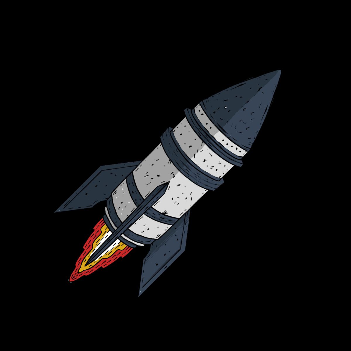 A cartoon rocket in the blackness of space