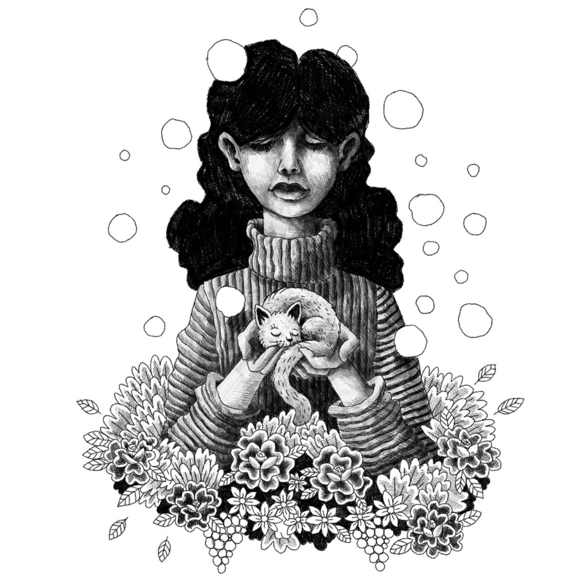 A daydreaming girl holding a dozing cat