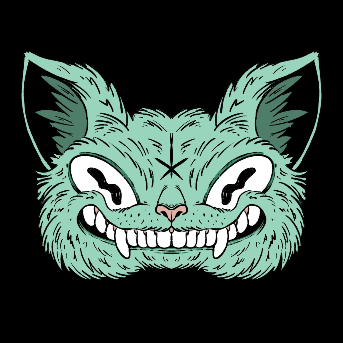 A grinning green Chesire Cat with freaky teeth